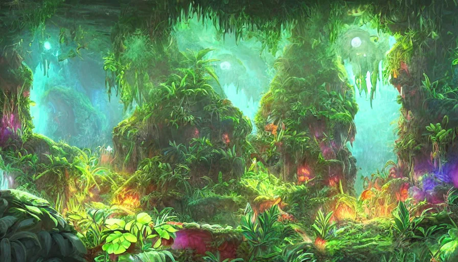 Prompt: concept art of underground jungle cave with luminescent plants, colorful, high detailed