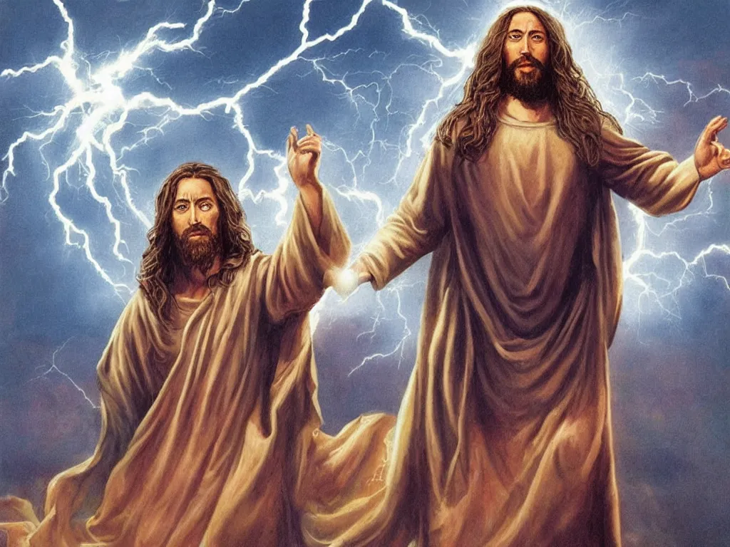 Image similar to jesus christ as a superhero with long hair and white eyes floating above the water shooting lightning out of his hands, drawn by alan moore, graphic novel, symmetrical, frontal, full body shot,