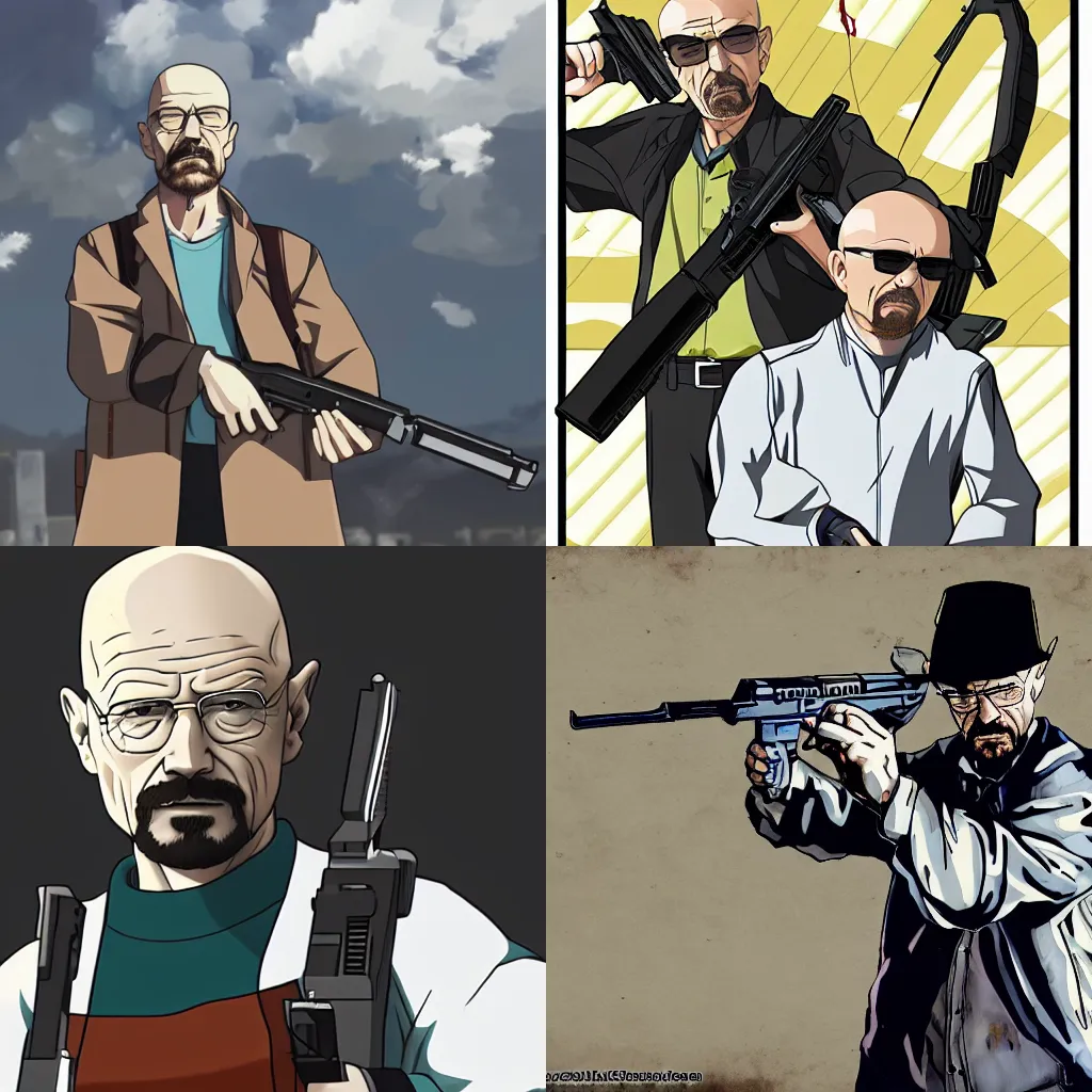 Prompt: Walter White Holding A AK-47, In The Style Of Anime, 4K