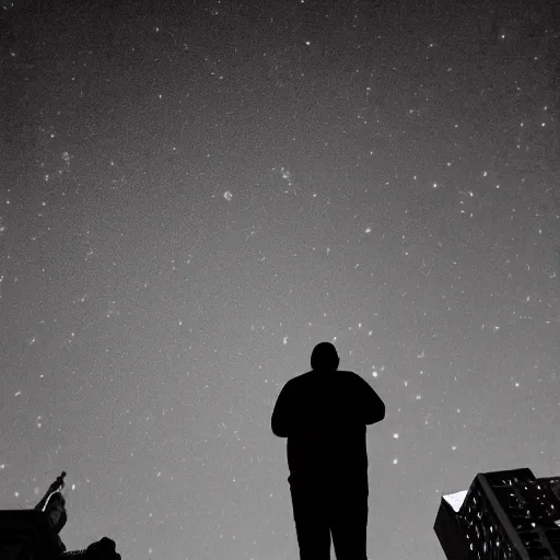 Image similar to man looking at the sky in new york square, night time, filmic, dramatic, night vision, wide angle, vignette, monochrome, 4 k, 8 k, sad, nightlight, cinematic lighting, insanely detailed and intricate, hypermaximalist, elegant, ornate, hyper realistic, super detailed