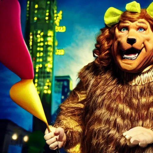 Image similar to snl chris farley as the cowardly lion of oz, studio poster photography, trending on artstation, featured on deviantart, award winning costume