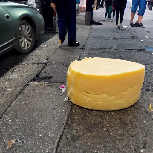 Prompt: disgusting cheese found on a new york side walk