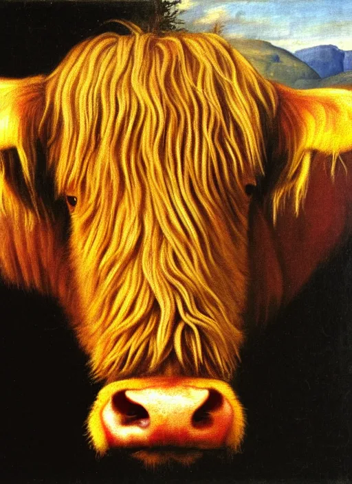 Image similar to oil portrait painting by hans holbein the elder of a highland cow.