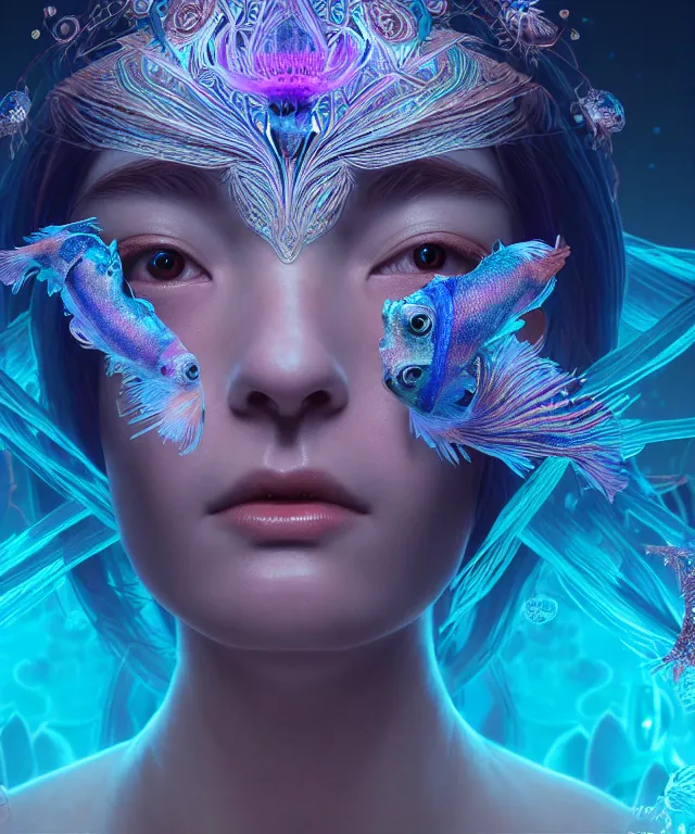 Image similar to symmetrical, centered, close-up portrait of goddess wearing crown made of betta fish, phoenix, bioluminiscent elements, intricate artwork by Tooth Wu and wlop and beeple. octane render, trending on artstation, greg rutkowski very coherent symmetrical artwork. cinematic, hyper realism, high detail, octane render, 8k