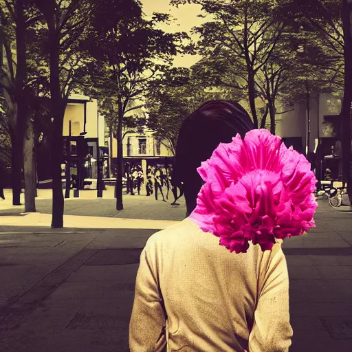 Image similar to giant rhododendron flower head, woman walking through city, surreal photography, cinema, realistic, symmetry, detailed, retro, wes anderson