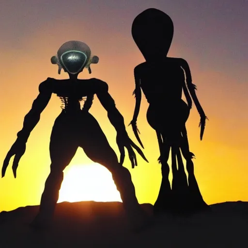 Image similar to an alien creature and a human, in a nice alien landscape, sunset, dramatic lighting, beautiful