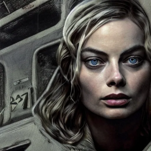 Image similar to feral Margot Robbie in Metro 2033, hyperrealism, intricate, detailed