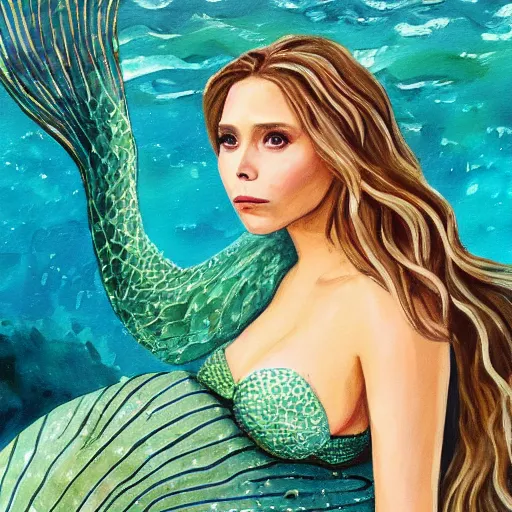 Image similar to elizabeth olsen as a mermaid, painting