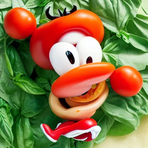 Prompt: disney character of a tomato who is riding on a mozzarella ball, basil flying
