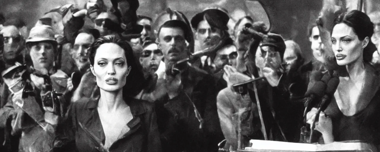 Prompt: revolution in 1 9 2 3 paris, angelina jolie delivers a speech, noir, photorealistic