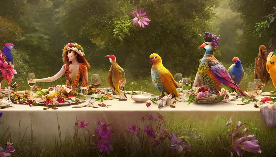 Image similar to a table dinner of exotic birds where birds are dressed like the characters from the midsommar movie wearing flowers, realistic detailed digital art by maxwell boas jessica rossier christian dimitrov anton fadeev trending on artstation cgsociety rendered in unreal engine 4 k hq