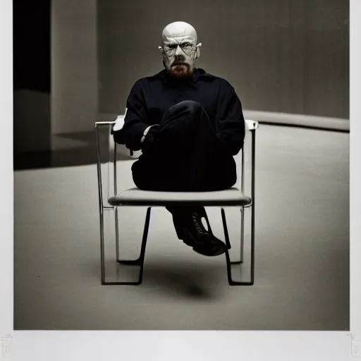 Image similar to walter white from back sitting on chair standing photo by annie leibovitz 8 0 mm lens bokeh