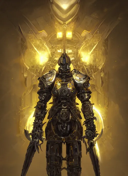 Prompt: dynamic attack position abstract portrait of a intricate glorious holy mechanical warforged character in yellow armor holding a paladin engraved great longsword drawn and carrying a big paladin shield, glowing!!!! eye, face in focus, epic , trending on ArtStation, masterpiece, cinematic lighting, by Ross Tran and by Greg Rutkowski