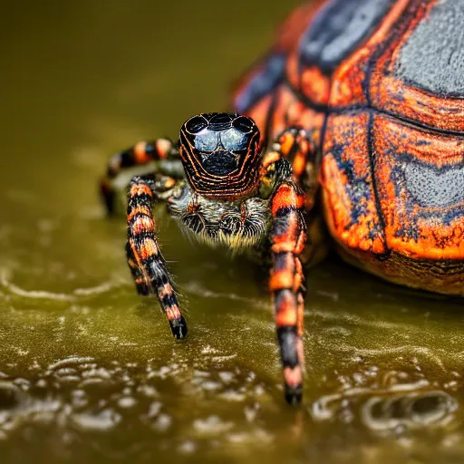 Prompt: spider turtle hybrid, bold natural colors, national geographic photography, masterpiece, in - frame, canon eos r 3, f / 1. 4, iso 2 0 0, 1 / 1 6 0 s, 8 k, raw, unedited, symmetrical balance