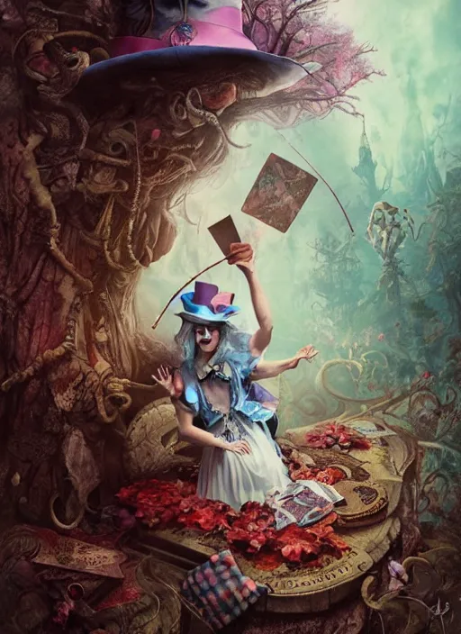 Image similar to alice in wonderland mad hatter the magician tarot card, highly detailed, cinematic, 8 k, by stanley artgermm, tom bagshaw, greg rutkowski, carne griffiths, ayami kojima, beksinski, giger, trending on deviantart, hyper detailed, horror, full of colour