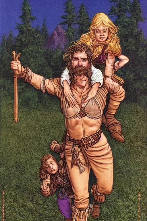 Prompt: A beautiful human woman carrying her halfling husband by larry Elmore