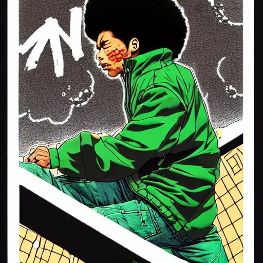 Prompt: illustration by katsuhiro otomo, black man with afro hair, stubble, wearing an adidas army green jacket, in the streets of tokyo, akira style, by katsuhiro otomo