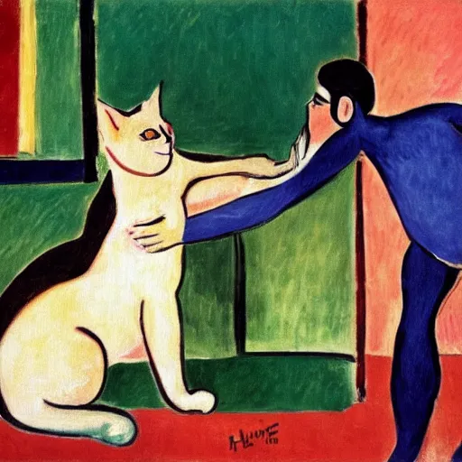 Prompt: An oil painting of a cat spitting on a man, colorful, by Henri Matisse