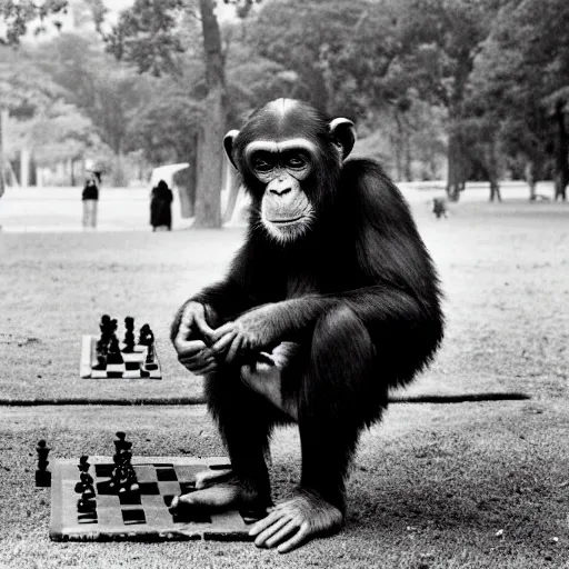 Prompt: black and white portrait photo of a chimpanzee playing chess in a park by annie liebovitz,