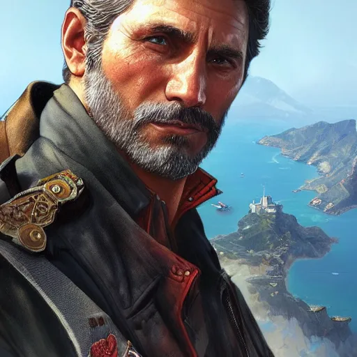 Image similar to Vladimir Putin as General Di Ravello character from Just Cause 3, western, D&D, fantasy, intricate, elegant, highly detailed, digital painting, artstation, concept art, matte, sharp focus, illustration, art by Artgerm and Greg Rutkowski and Alphonse Mucha