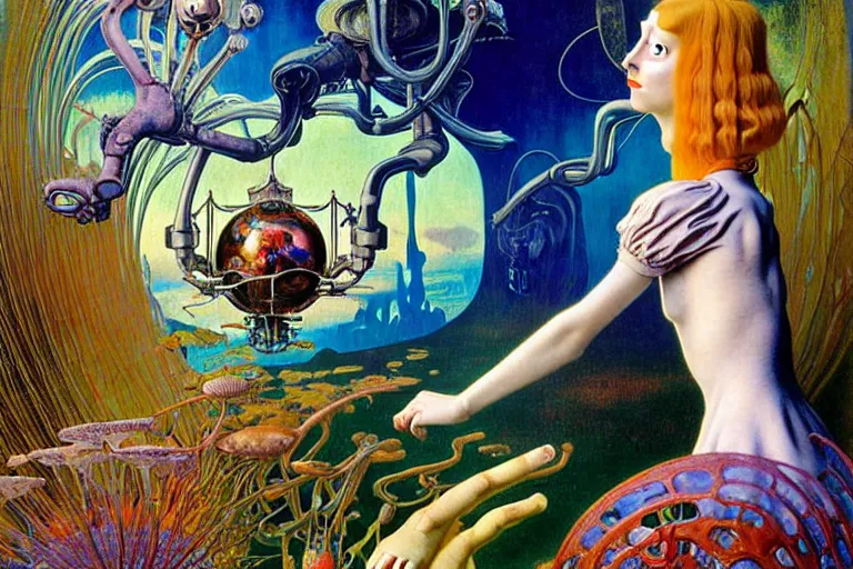 Image similar to realistic extremely detailed portrait painting of alice in wonderland, futuristic sci-fi landscape on background by Jean Delville, Amano, Yves Tanguy, Ilya Repin, Alphonse Mucha, Ernst Haeckel, Edward Robert Hughes, Roger Dean, rich moody colours, blue eyes