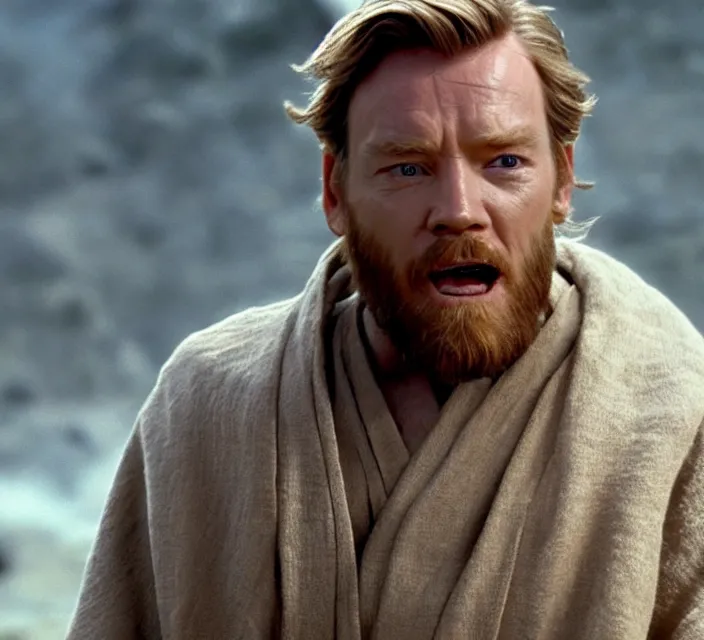 Prompt: still image of obi - wan kenobi making a funny face, ewan mcgregor, live - action, star wars movie, cinematic