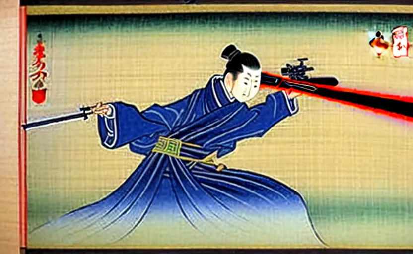 Image similar to a Japanese painting of the emperor of Japan shooting a laser gun