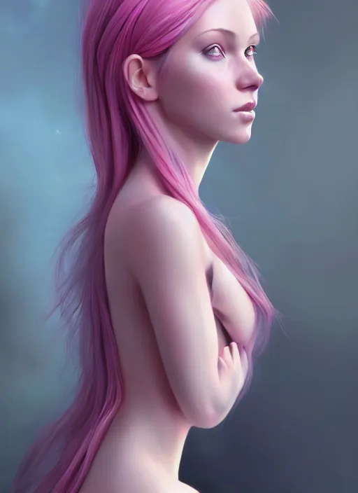 Image similar to a digital painting of a girl with pink hair, a photorealistic painting by charlie bowater, cgsociety, photorealism, daz 3 d, photorealistic, digital illustration