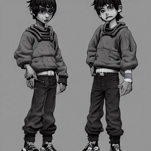 Image similar to rpg character concept art, twin brothers being cute and gangsta, intricate detail, in the style of jamie hewlett killian eng kawase hasui riyoko ikeda, 3 d render, artstation trending, 8 k, octane render, photorealistic, sharp detail, manga, black and white