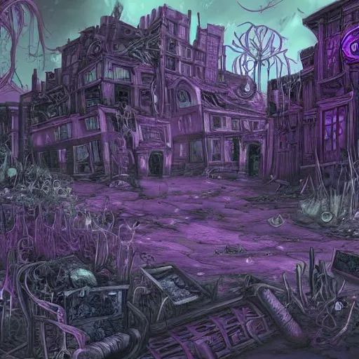Prompt: purple magic, diseased sickness, taint infection, corruption spread, eldritch flux, wild plants, mutation, haunting, post apocalyptic, abandoned city