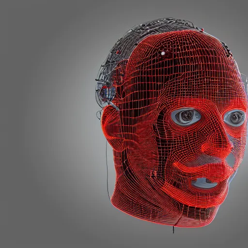 Image similar to highly detailed 3 d render of a cyborg head and face made from extreme numbers of electrical wires, red, black, silver, gold, by russian artist igor goryunov, 8 k resolution, photo realistic symmetrical