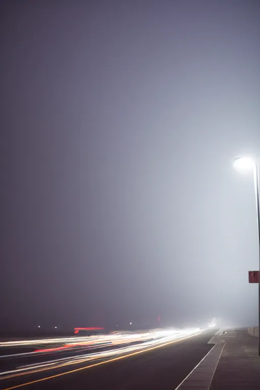 Image similar to long highway, lit by street lights, night, fog, award winning photography