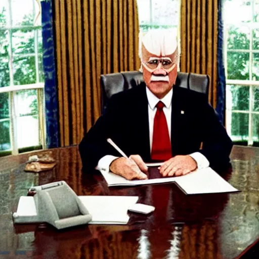 Image similar to president griffith from berserk at his white house oval office desk