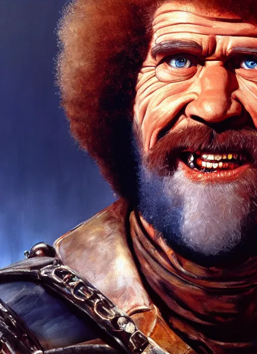 Prompt: portrait of bob ross as an evil raider character in mad max 2 : the road warrior, film still, detailed realism face in painting, detailed beautiful portrait, oil painting masterpiece, 8 k resolution, smooth, sharp focus, trending on artstation, by rembrandt