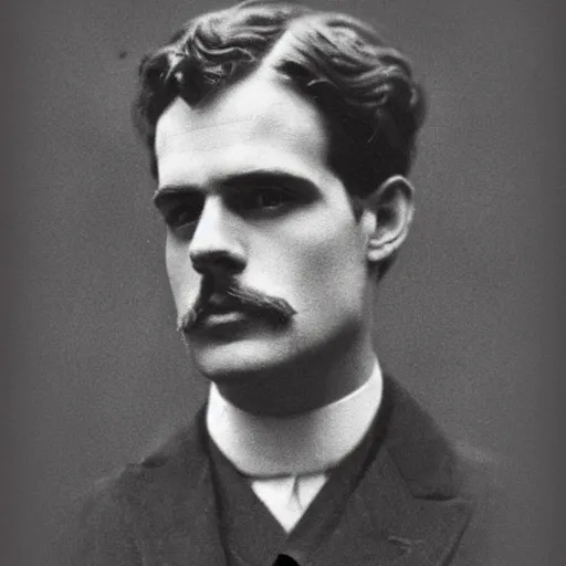 Prompt: edwardian photograph of a mix of billie eilish and henry cavill, male, 1 9 0 0 s, 1 9 1 0 s, grainy, slightly blurry, faded, realistic face