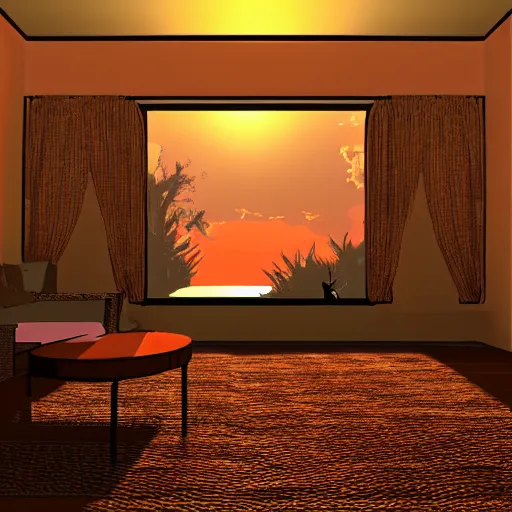 Image similar to living room at sunset, from an ants point of view, digital art