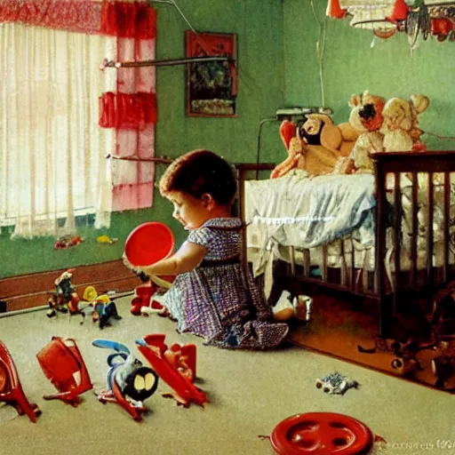 Prompt: A baby playing with her toys at her room, artwork by Norman Rockwell, cinematic composition