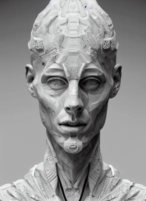 Image similar to a statue made of white marble with gold veins, of steph curry playing a modular synthesizer, transhumanism, full body shot, perfect symmetrical body, perfect symmetrical face, hyper realistic, hyper detailed, by johannen voss, by peter kemp, by monia merlo, by michelangelo, octane render, blender, 8 k