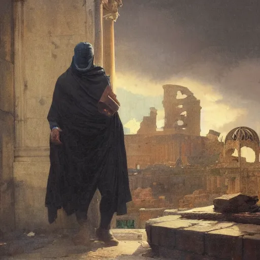 Prompt: half portait of magican wearing a closed cowl and carrying big old book! jeremy mann, jean leon gerome, tiepolo, alphonse mucha, greg rutkowski, face in the shadows, ( ( ruins of ancient rome ) ), at dusk, mysterious atmosphere, sunrays, dof, masterpiece, high detailed, 8 k