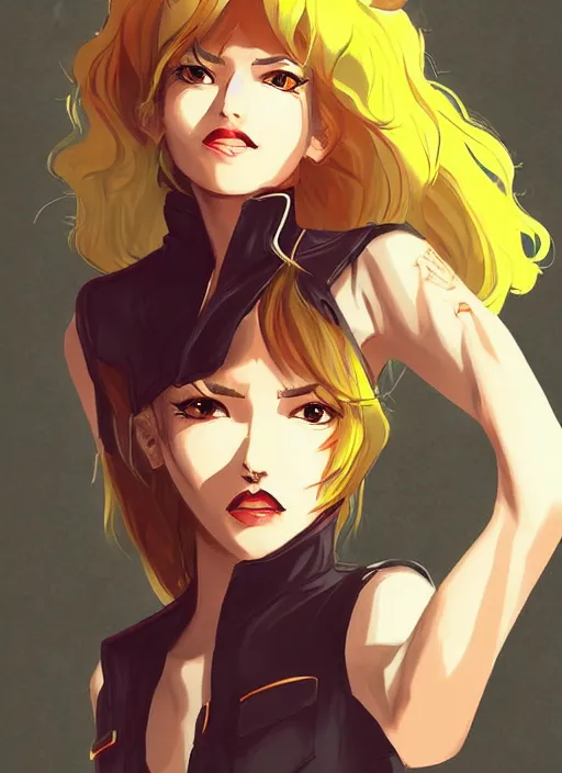 Image similar to full size persona, female sheriff, detail, ultra sharpness, beautiful female, detailed face, art by huyy nguyen, style by cain kuga, cowboy bebop art style, 3 2 beautiful color palettes with their corresponding gradient