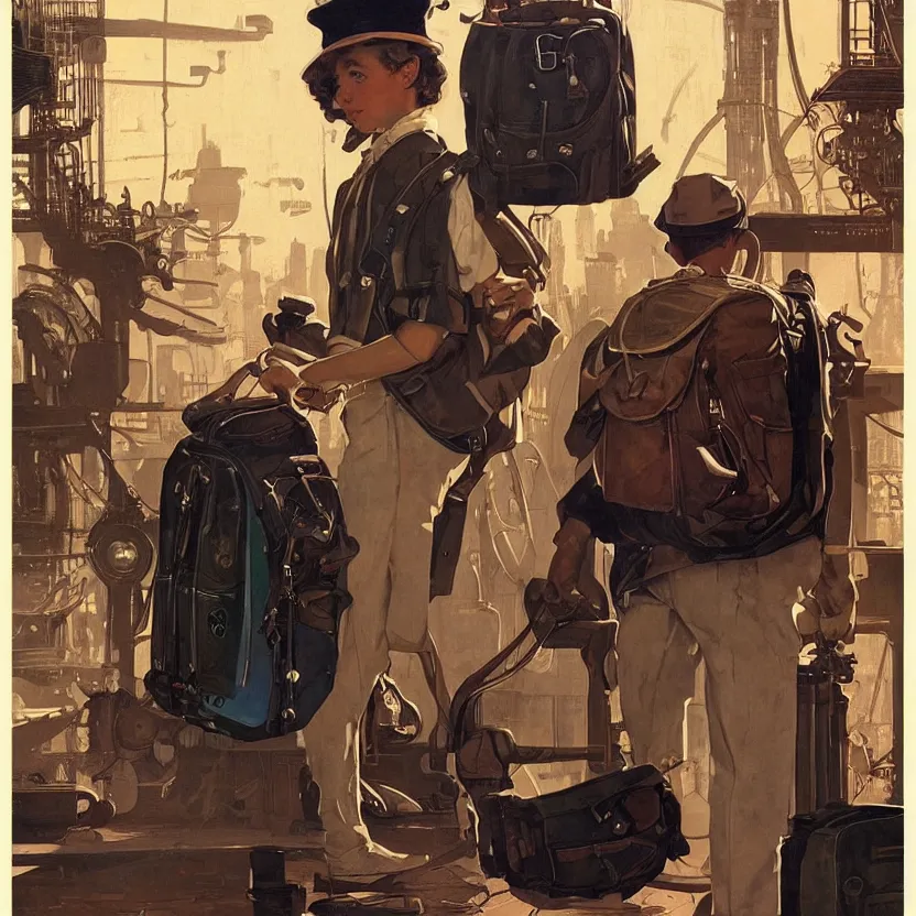 Image similar to a boy with a steampunk retrofuturistic backpack by syd mead and norman rockwell. highly detailed digital art. retrofuturism. steampunk. beautiful lighting. trending on artstation.