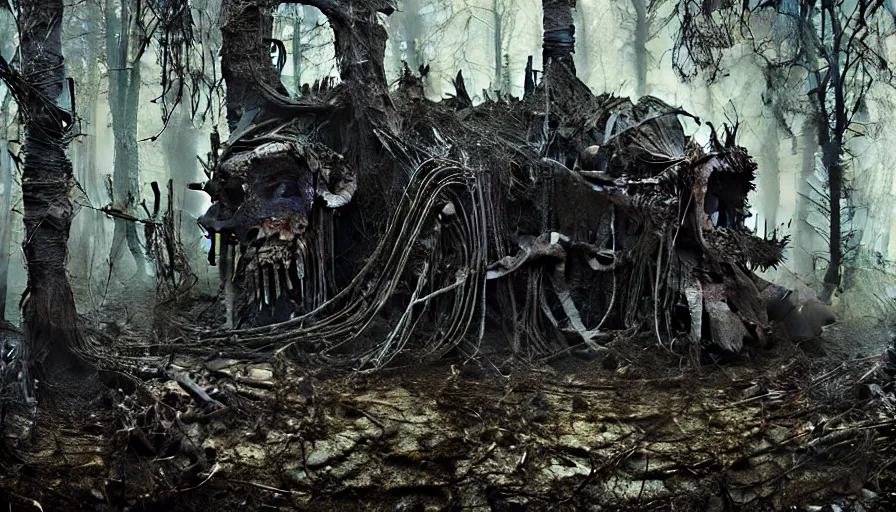 Prompt: a witch in the forest, rotting, blood, night, death, fear, horror, religion, hyperrealism, detailed and intricate environment, by giger, by greg rutkowski