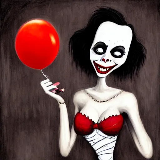 Image similar to grunge cartoon painting of margot robbie with a wide smile and a red balloon by chris leib, loony toons style, pennywise style, corpse bride style, horror theme, detailed, elegant, intricate