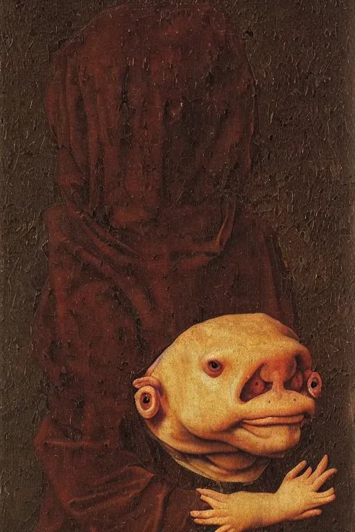 Image similar to portrait cute humanoid axolotl, oil painting by jan van eyck, northern renaissance art, oil on canvas, wet - on - wet technique, realistic, expressive emotions, intricate textures, illusionistic detail