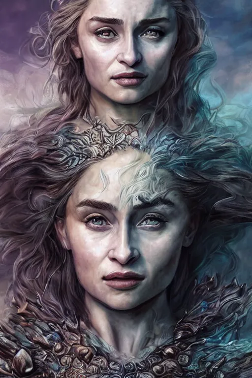 Image similar to A fantasy comic book style portrait painting of, hybrid, Emilia Clarke, Sophie Turner, as an Atlantean, Reptilian Warrior, Mystical Valkyrie, Armor, Sword, Archer Bow, Spear, Sheild, François Boucher, Oil Painting, unreal 5, DAZ, hyperrealistic, octane render, Regal, Refined, Detailed Digital Art, RPG portrait, Michael Cheval, William-Adolphe Bouguereau, Walt Disney (1937), Steampunk, dynamic lighting, Highly Detailed, Cinematic Lighting, Unreal Engine, 8k, HD