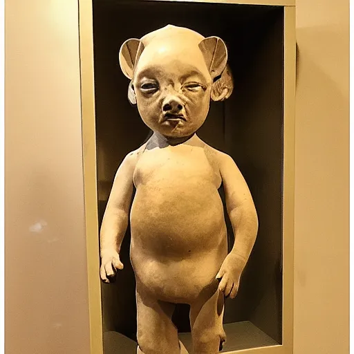 Prompt: taxidermized elder baby, in a museum, alone, sad face, symmetrical face, angular face, coherent,