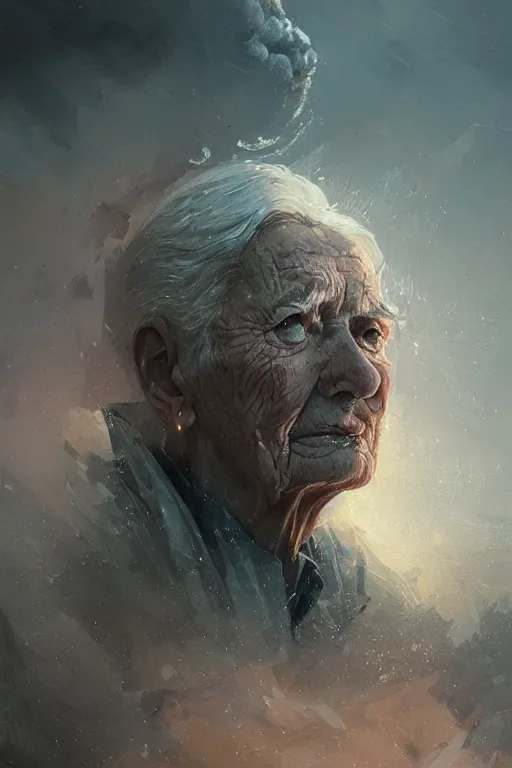 Prompt: the look of an elderly person full of wrinkles and imperfections comes out of a tornado by artgem and greg rutkowski, highly detailed, high contrast, light reflection, trippy, nebula, trending on artstation