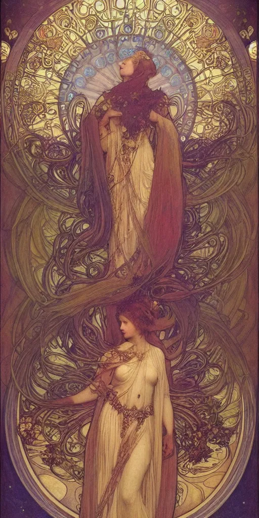 Image similar to saint woman, venus, athena, halo, queen, by alphons mucha and annie swynnerton and jean delville, strong dramatic cinematic lighting, ornate headdress, flowing robes, spines, flowers, stars, lost civilizations, smooth, sharp focus, extremely detailed, marble, gold, space