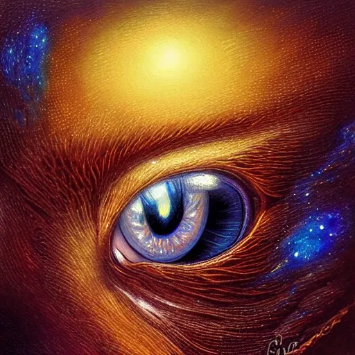 Prompt: low angle shot of a cat eye with the galaxy in the iris by clive barker, intricate, elegant, highly detailed, centered, digital painting, artstation, concept art, smooth, sharp focus, illustration, artgerm, Tomasz Alen Kopera, Peter Mohrbacher donato giancola, Joseph Christian Leyendecker, WLOP, Boris Vallejo.