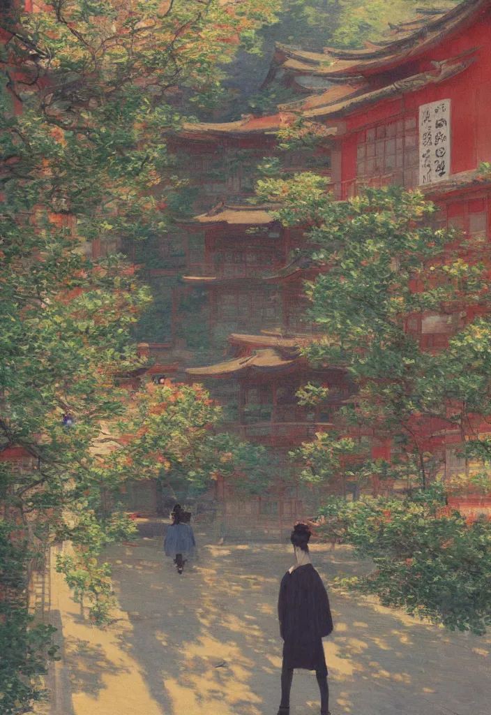 Image similar to a beautiful japanese city near the sea, amazing ryokans and gorgeous edo era houses, cyberpunk, lofi vibe, colorful, vivide colors, oil painting in impressionist style, by jeremy lipkin, by claude monet, by makoto shinkai, multiple brush strokes, inspired by ghibli, masterpiece, beautiful